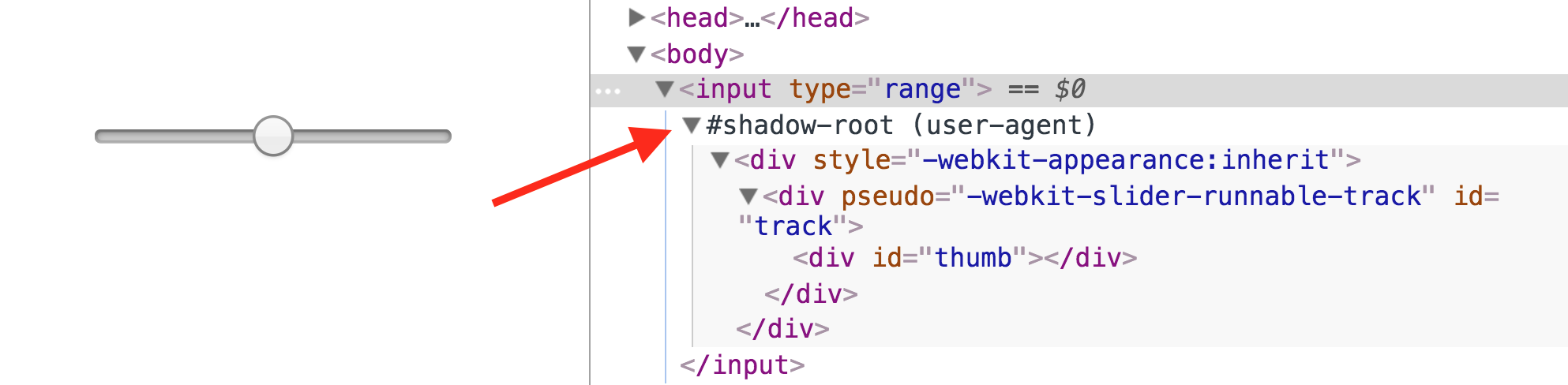 Chrome devtools showing the shadow root for an input range element