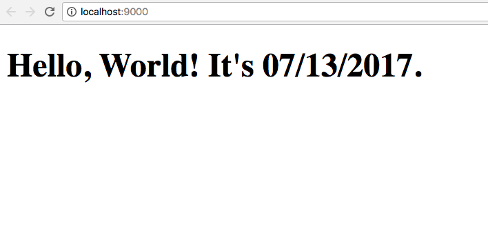 A new browser window which says Hello, World and today's date