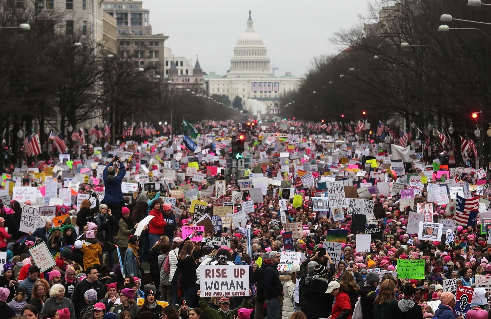 Thousands of protestors at the Women's March in Washington D.C. The capitol building is in the background.