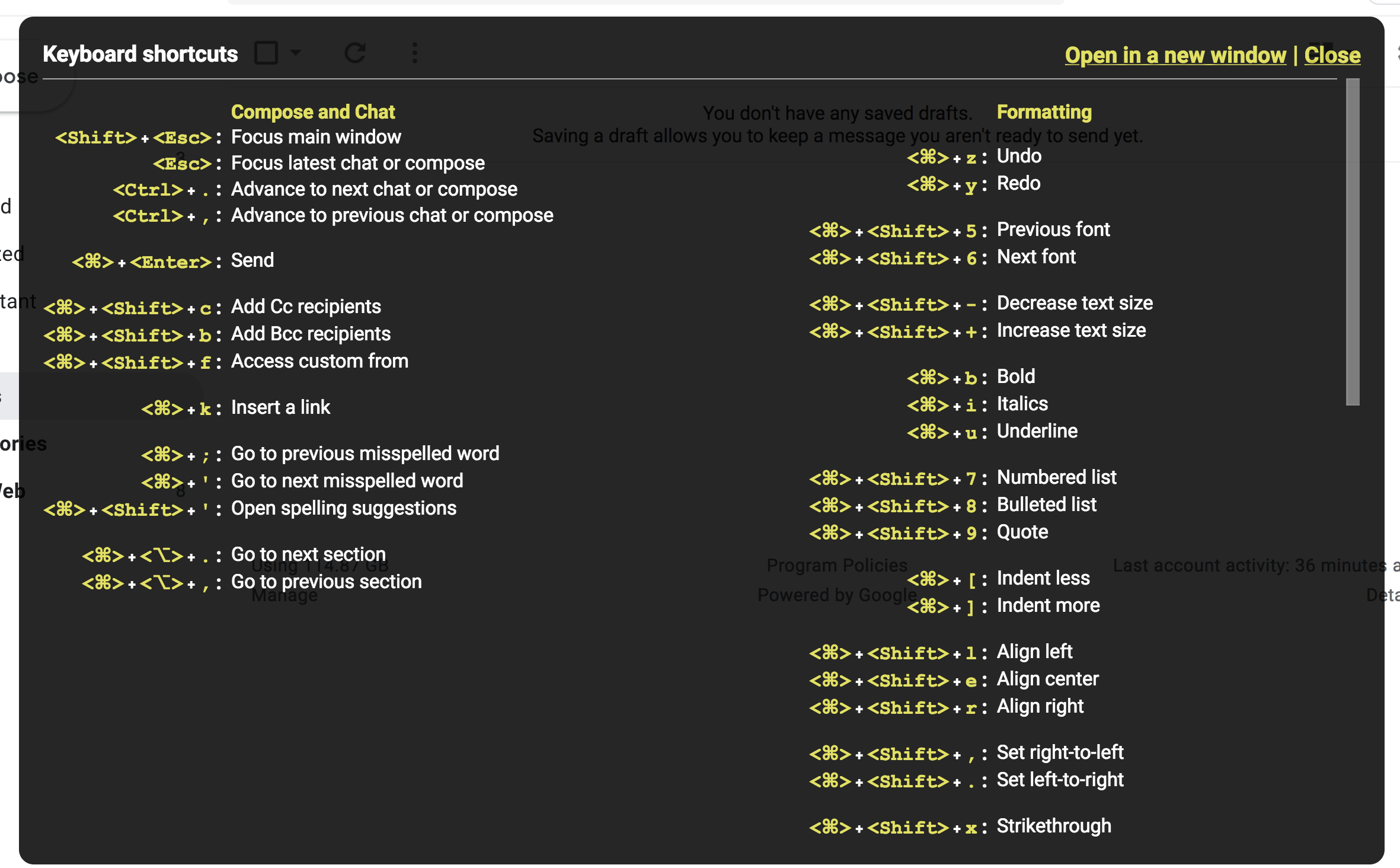 A partial list of Gmail's many shortcuts