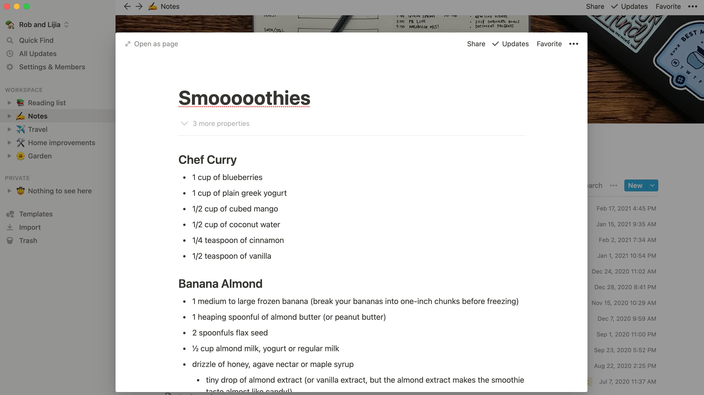 A model window showing smoothie recipes written in markdown.