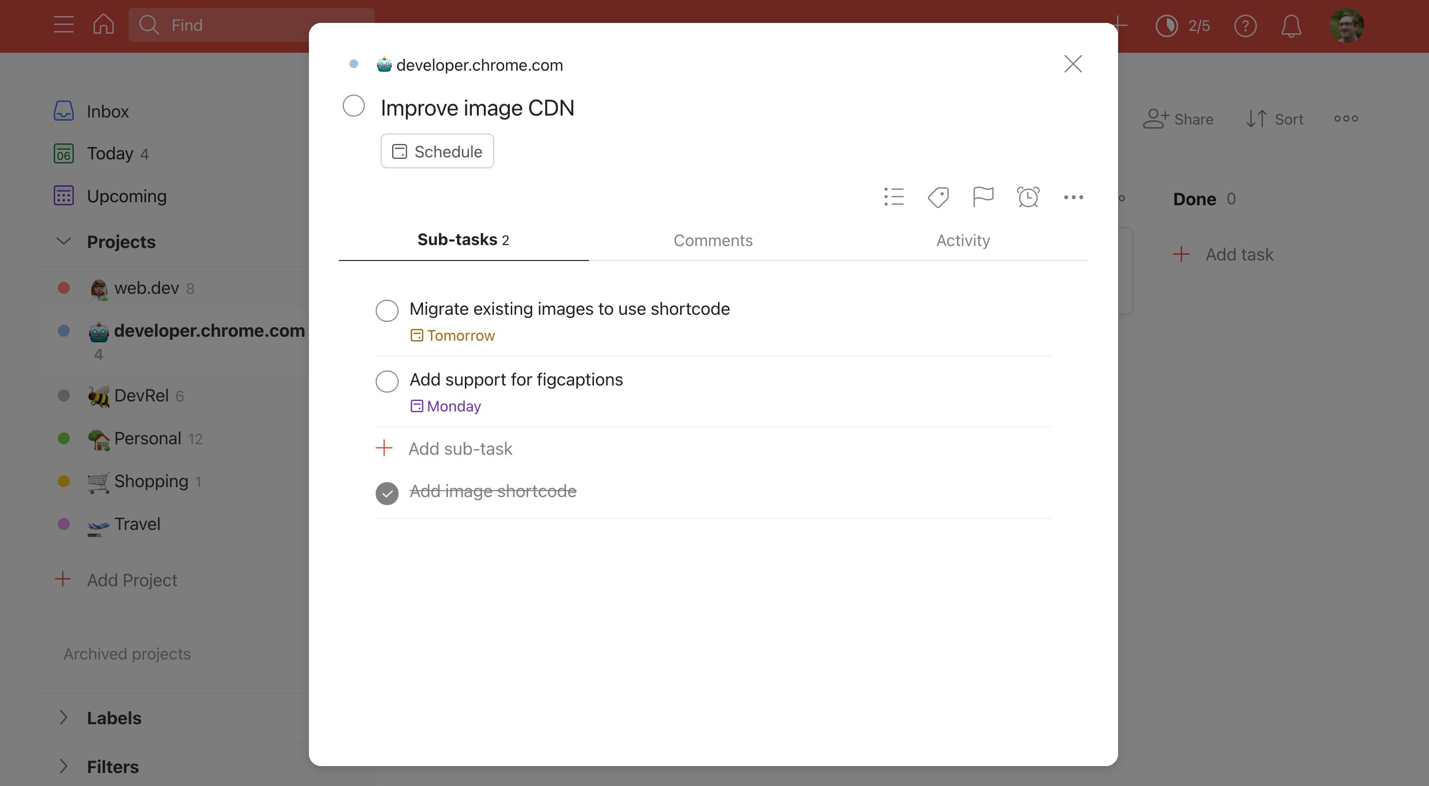 A modal window showing one completed, and two incomplete subtasks under the 'Improve image CDN' task.