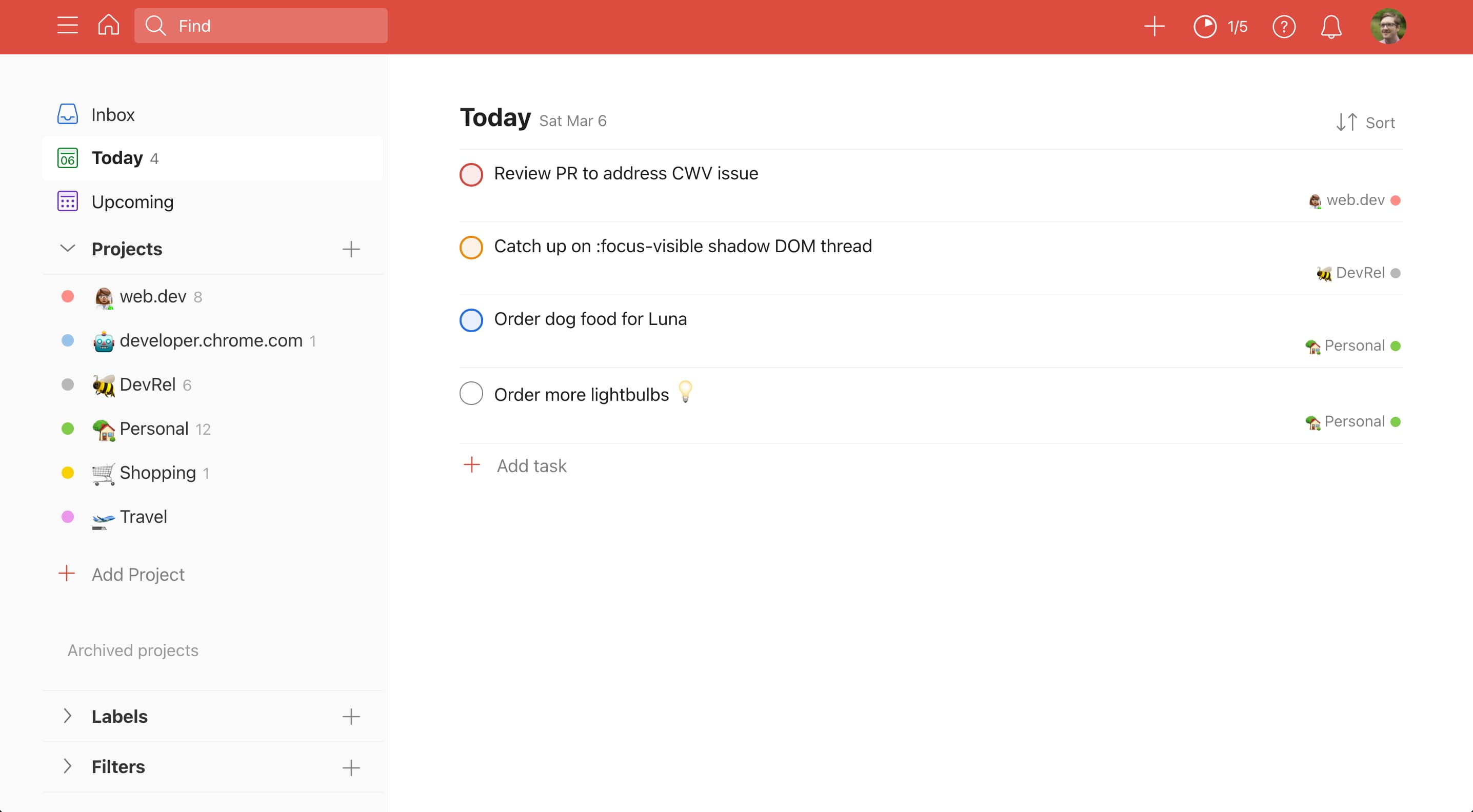 A todoist dashboard showing four tasks, color-coded by priority.